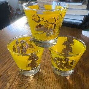 3 VTG MCM Golden Foliage Rock Cocktail Glasses